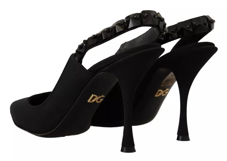 Dolce &amp; Gabbana Black Embellished Heels Slingback Charmeuse Shoes