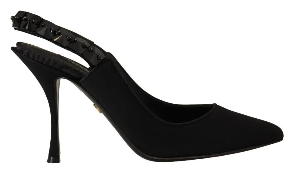 Dolce &amp; Gabbana Black Embellished Heels Slingback Charmeuse Shoes