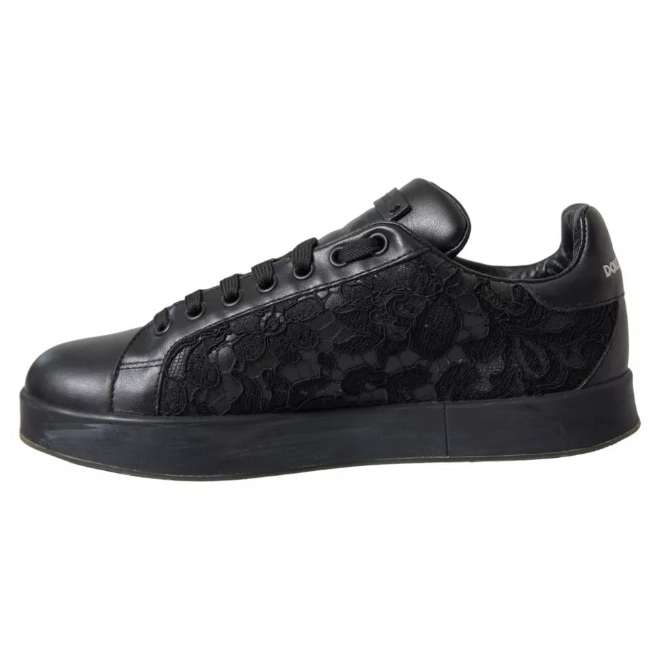 Dolce &amp; Gabbana Black Floral Lace Leather Women Sneakers Shoes