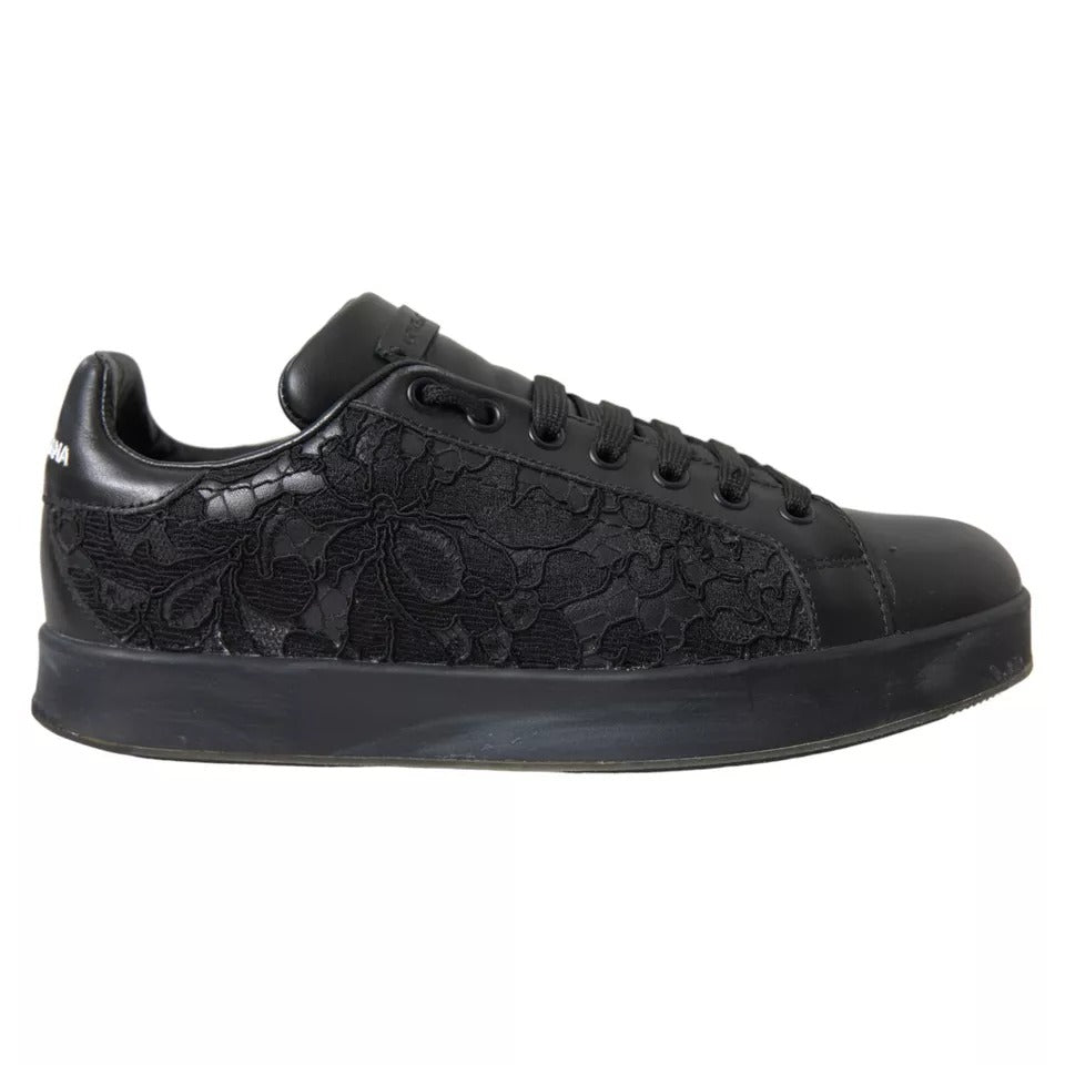 Dolce &amp; Gabbana Black Floral Lace Leather Women Sneakers Shoes