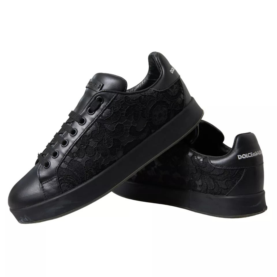 Dolce &amp; Gabbana Black Floral Lace Leather Women Sneakers Shoes