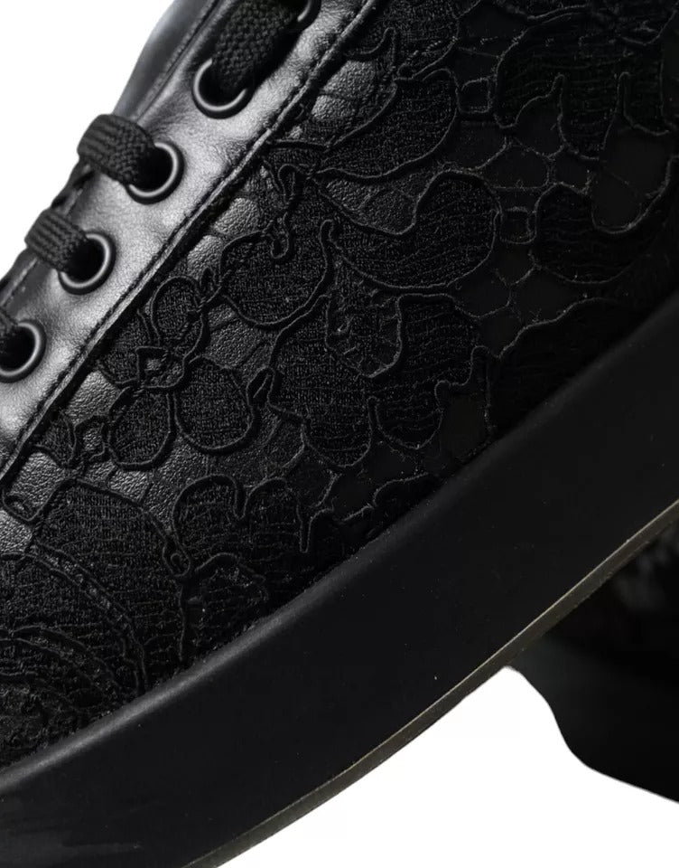 Dolce &amp; Gabbana Black Floral Lace Leather Women Sneakers Shoes