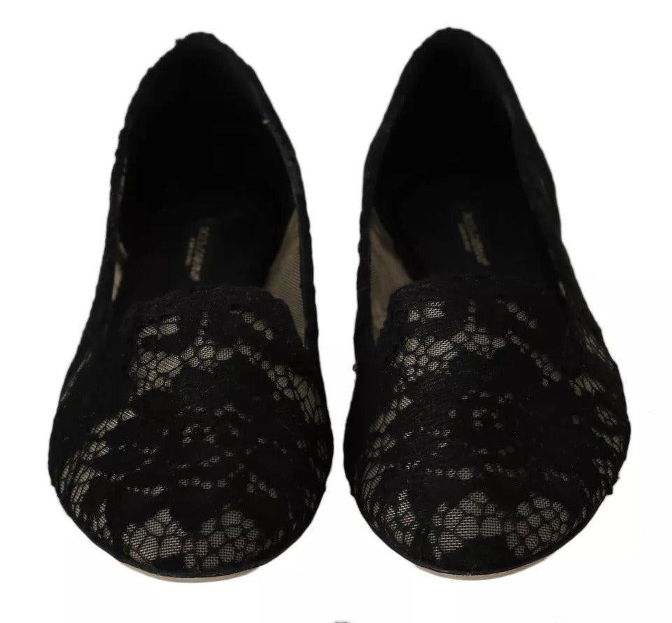 Dolce &amp; Gabbana Black Floral Lace Loafers Flats Shoes