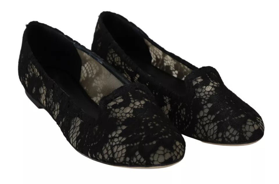 Dolce &amp; Gabbana Black Floral Lace Loafers Flats Shoes