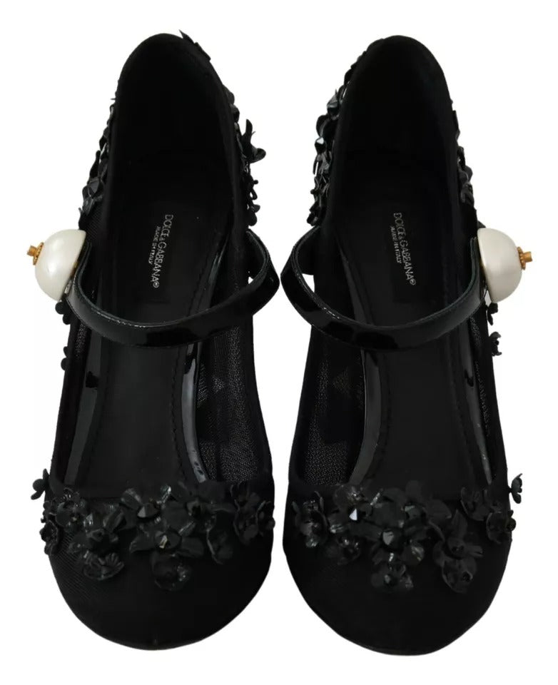 Dolce &amp; Gabbana Black Floral Embellish Heels Mary Janes Pumps Shoes