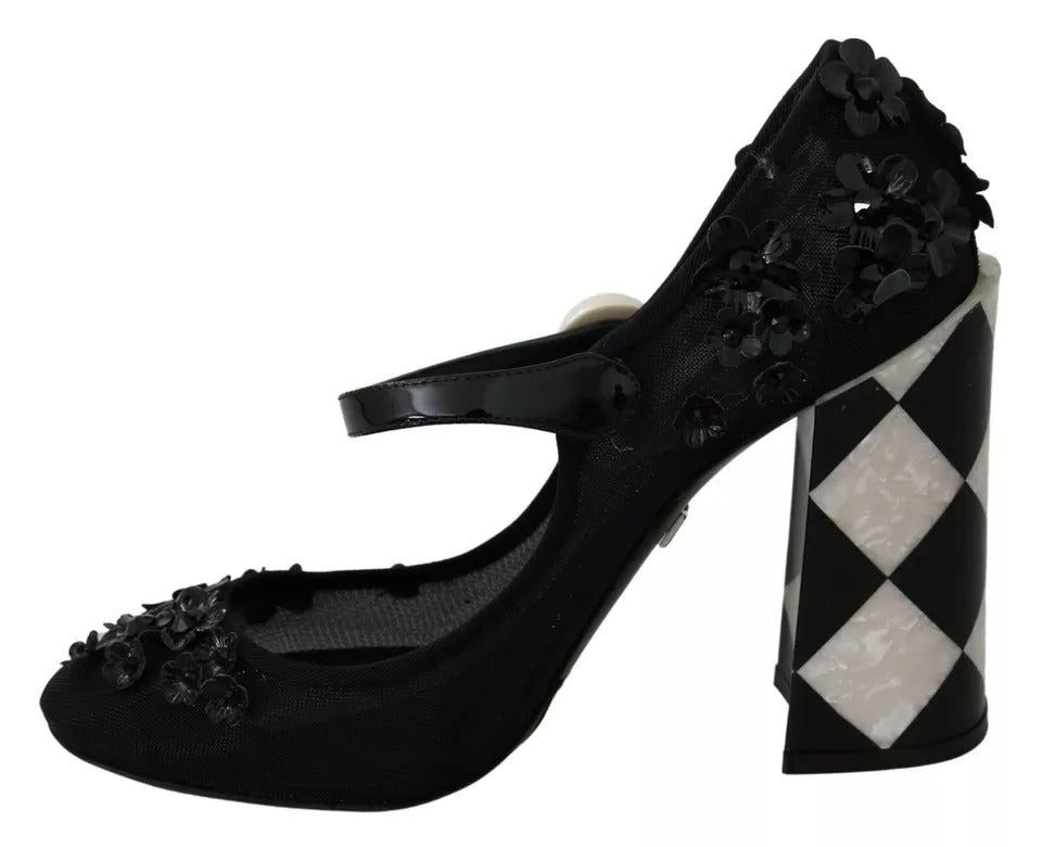 Dolce &amp; Gabbana Black Floral Embellish Heels Mary Janes Pumps Shoes