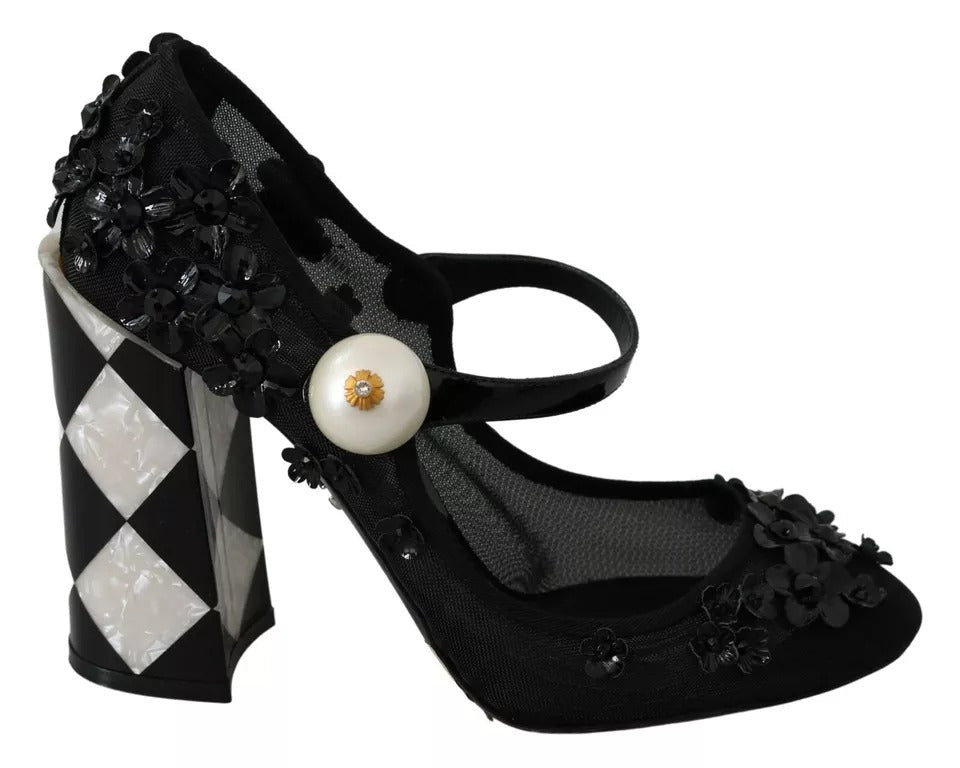 Dolce &amp; Gabbana Black Floral Embellish Heels Mary Janes Pumps Shoes