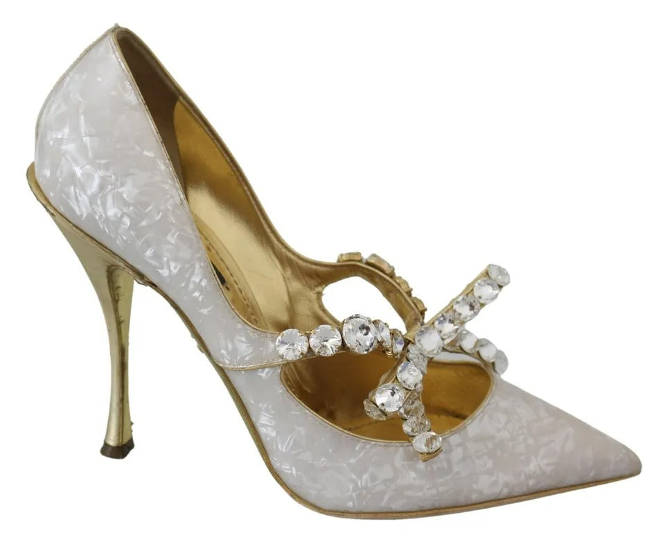 Dolce &amp; Gabbana White Crystal Bow Pearl Mary Jane Pumps Shoes