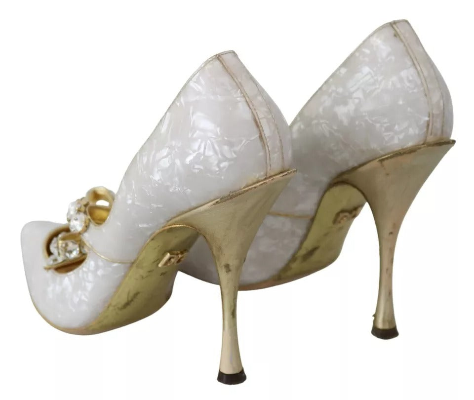 Dolce &amp; Gabbana White Crystal Bow Pearl Mary Jane Pumps Shoes