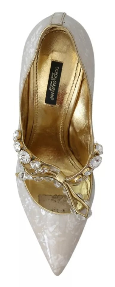 Dolce &amp; Gabbana White Crystal Bow Pearl Mary Jane Pumps Shoes