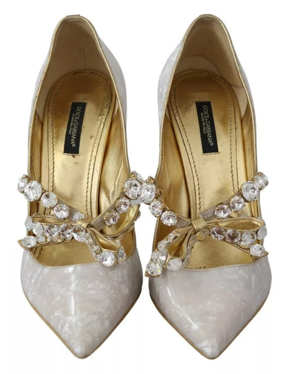 Dolce &amp; Gabbana White Crystal Bow Pearl Mary Jane Pumps Shoes