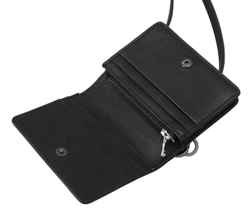 Dolce &amp; Gabbana Black Leather Bifold Shoulder Sling Women Wallet