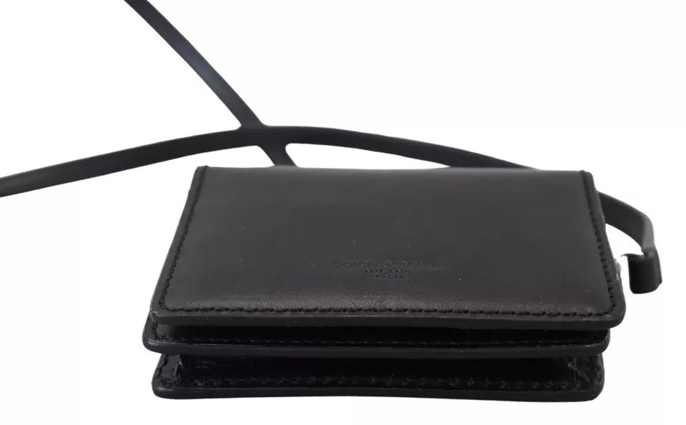 Dolce &amp; Gabbana Black Leather Bifold Shoulder Sling Women Wallet