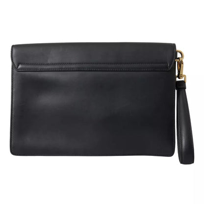 Dolce &amp; Gabbana Black Calf Leather Large Logo Document Holder Clutch Men Bag