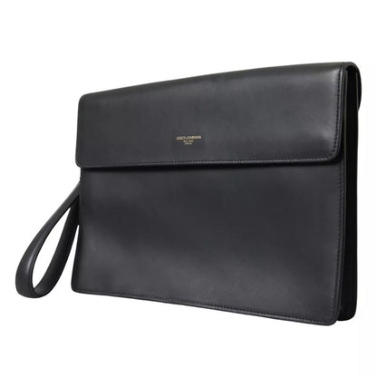 Dolce &amp; Gabbana Black Calf Leather Large Logo Document Holder Clutch Men Bag