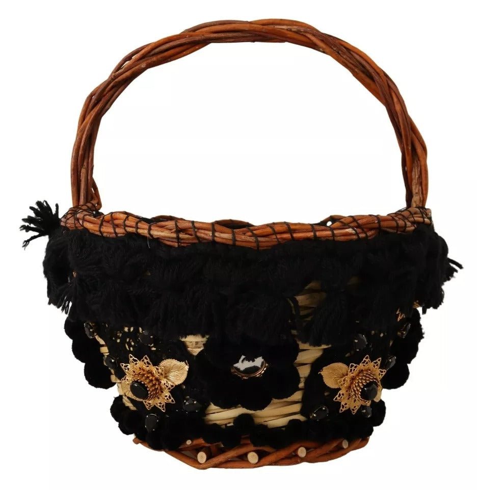 Dolce &amp; Gabbana Black Beige Straw Basket Tote Pom Pom Crystals Bag