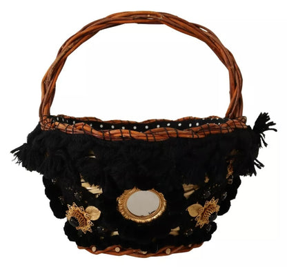 Dolce &amp; Gabbana Black Beige Straw Basket Tote Pom Pom Crystals Bag