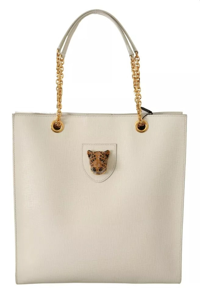 Dolce &amp; Gabbana White Crystal Leopard Head Leather JUNGLE Tote Bag