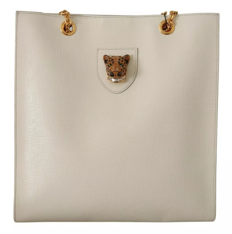 Dolce &amp; Gabbana White Crystal Leopard Head Leather JUNGLE Tote Bag