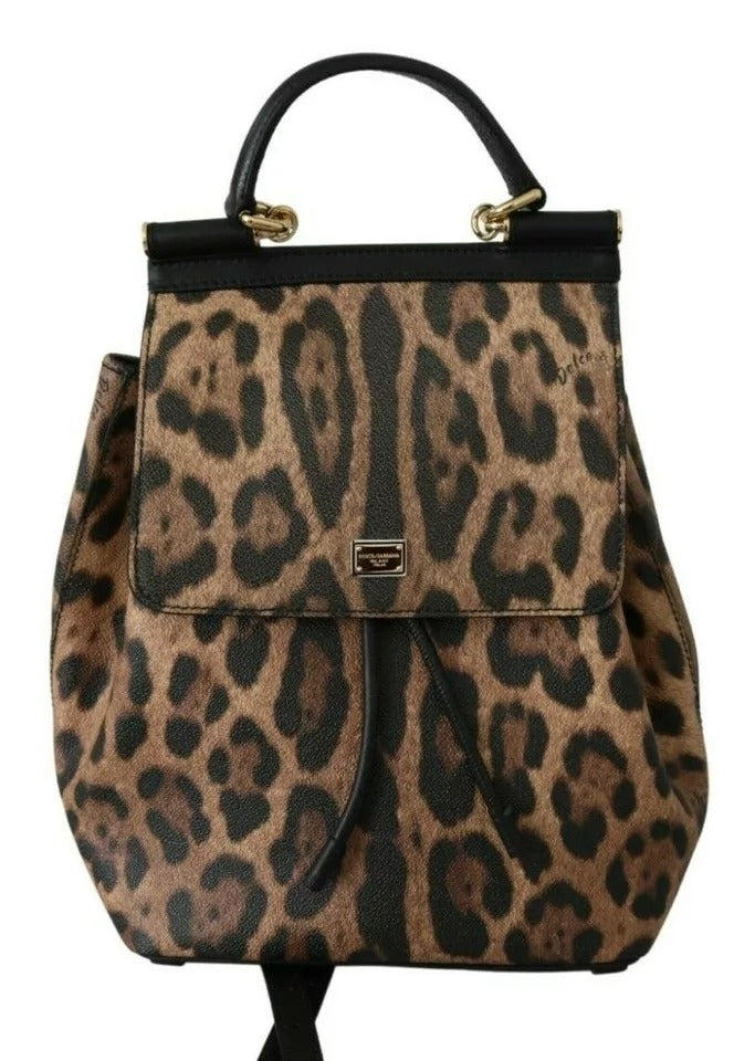 Dolce &amp; Gabbana Brown Leopard Leather Backpack Women SICILY Bag