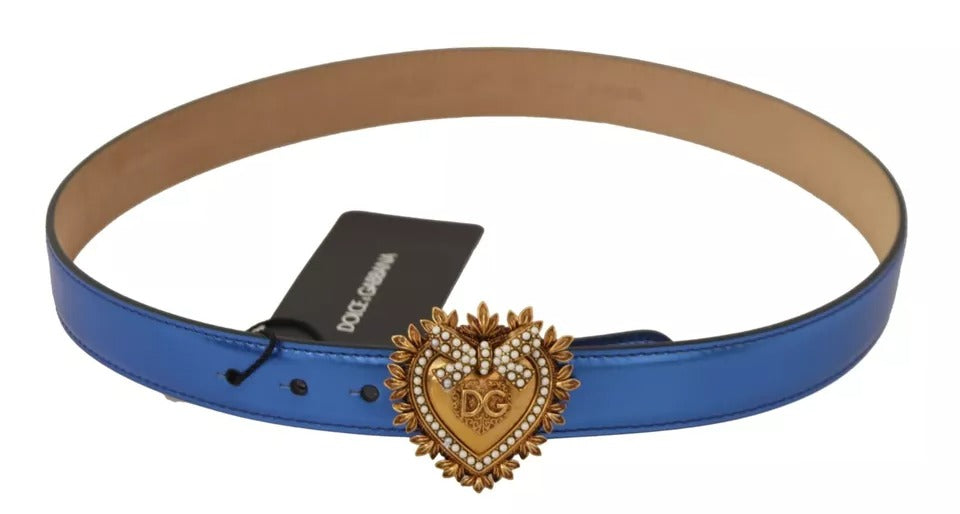 Dolce &amp; Gabbana Blue Leather DEVOTION Heart DG Logo Metal Buckle Belt