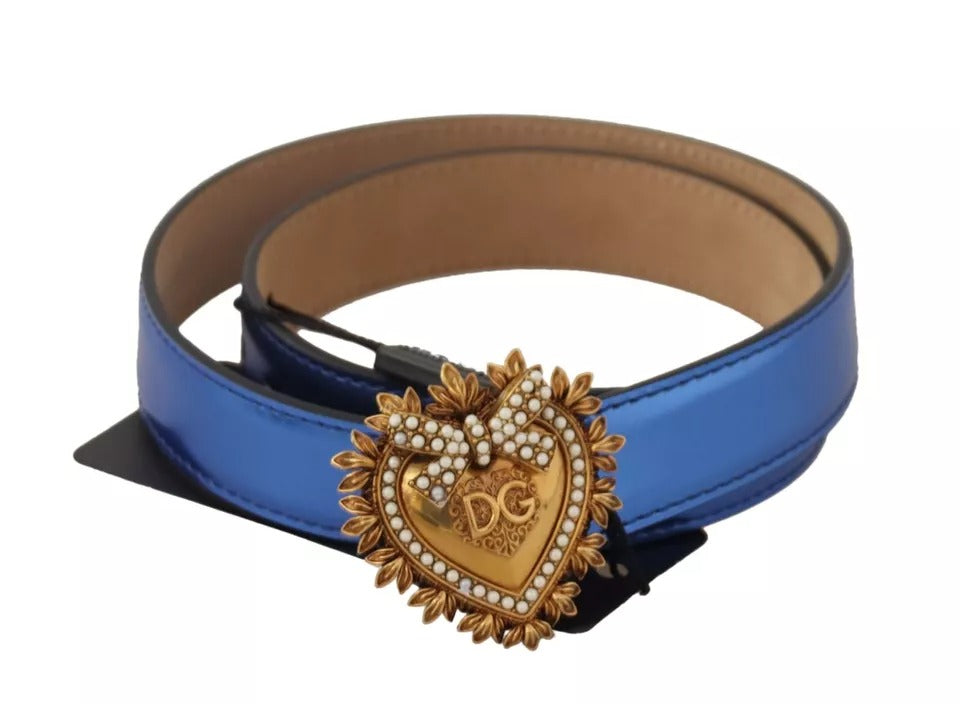 Dolce &amp; Gabbana Blue Leather DEVOTION Heart DG Logo Metal Buckle Belt