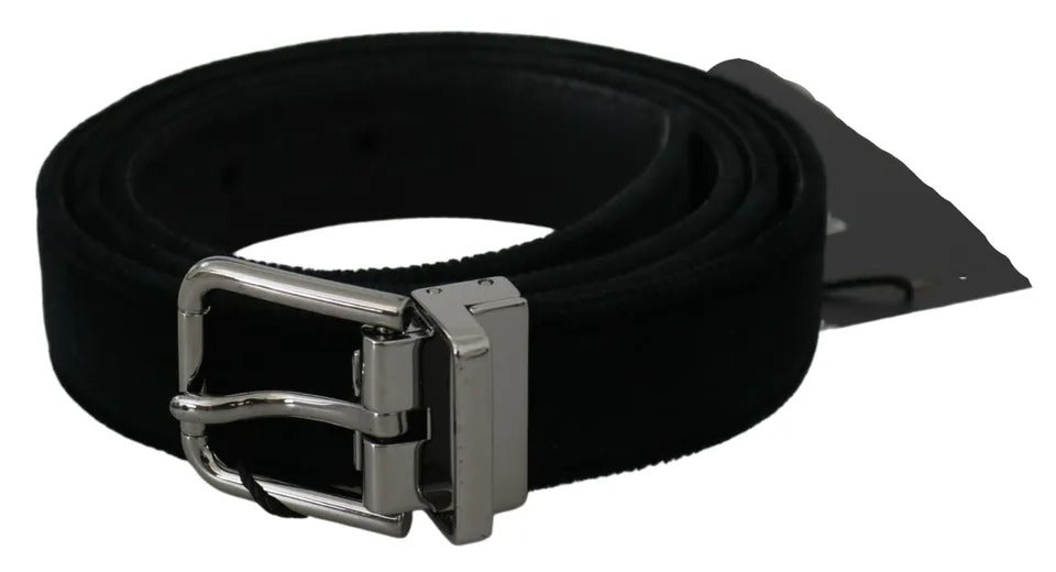 Dolce &amp; Gabbana Black Velvet Leather Silver Buckle Belt