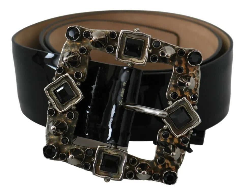 Dolce &amp; Gabbana Black Shiny Leather Crystal Logo Buckle Belt