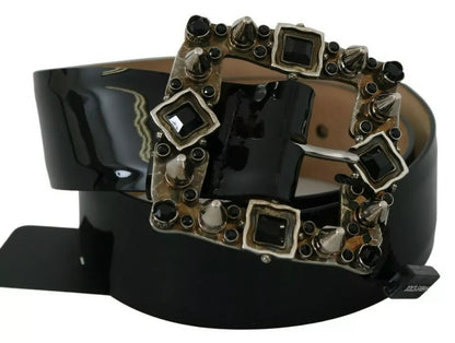 Dolce &amp; Gabbana Black Shiny Leather Crystal Logo Buckle Belt