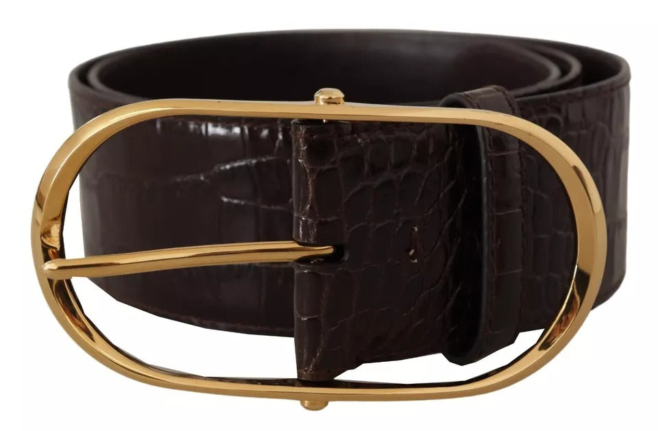 Dolce &amp; Gabbana Brown Crocodile Pattern Leather Gold Oval Buckle Belt