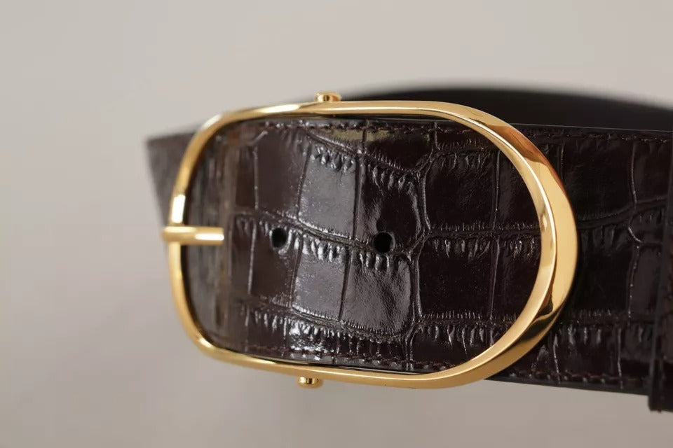 Dolce &amp; Gabbana Brown Crocodile Pattern Leather Gold Oval Buckle Belt