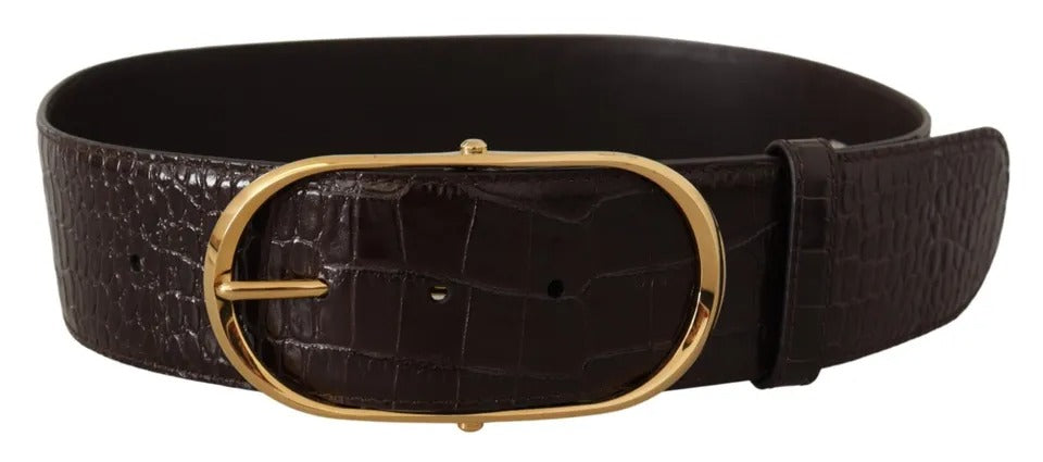 Dolce &amp; Gabbana Brown Crocodile Pattern Leather Gold Oval Buckle Belt