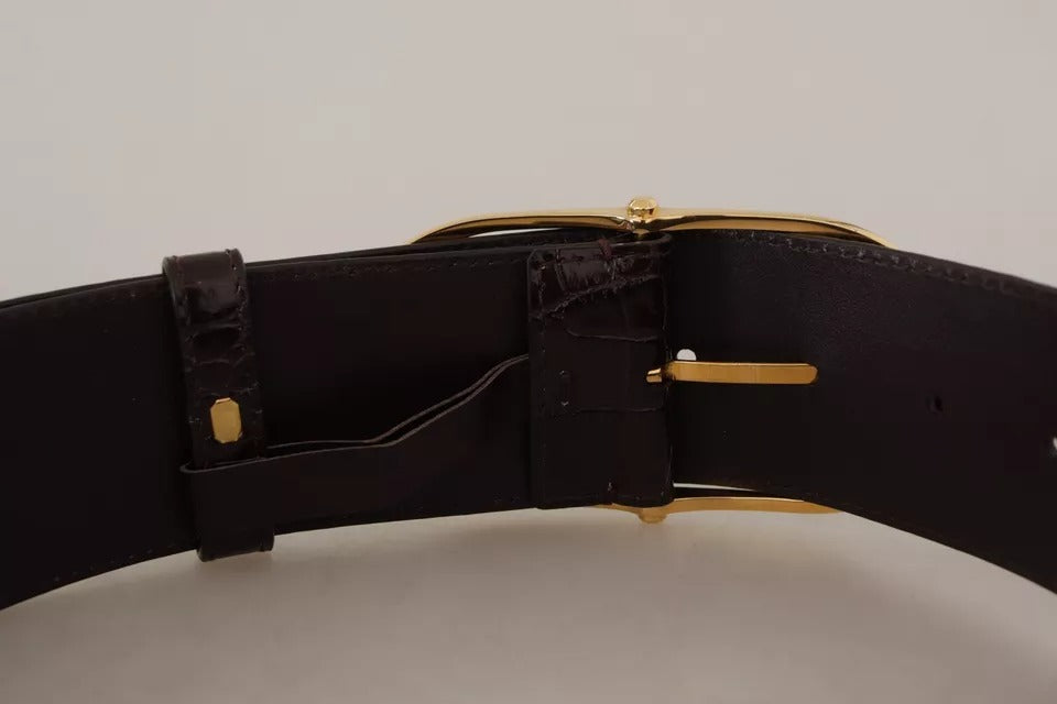 Dolce &amp; Gabbana Brown Crocodile Pattern Leather Gold Oval Buckle Belt