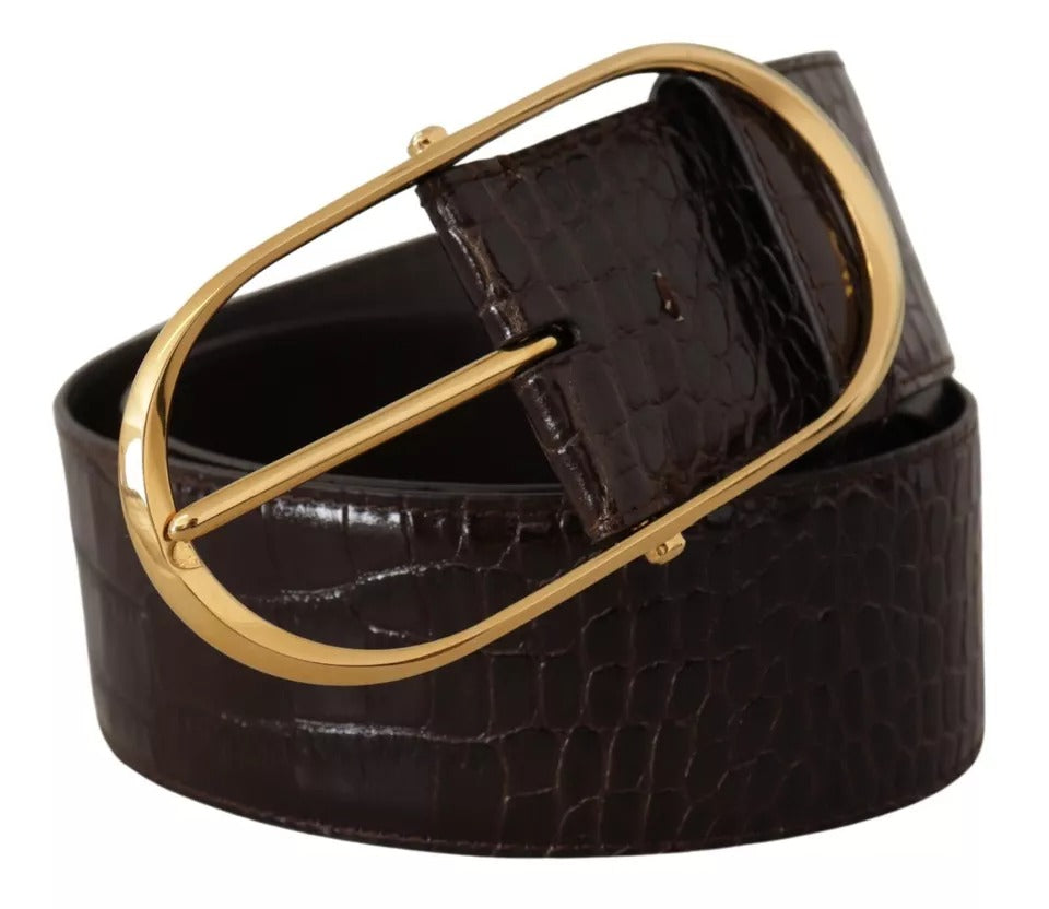 Dolce &amp; Gabbana Brown Crocodile Pattern Leather Gold Oval Buckle Belt