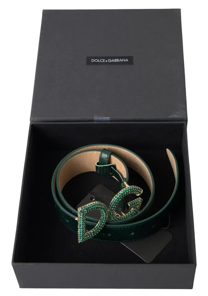 Dolce &amp; Gabbana Green Iguana Leather DG Crystal Gold Buckle Belt