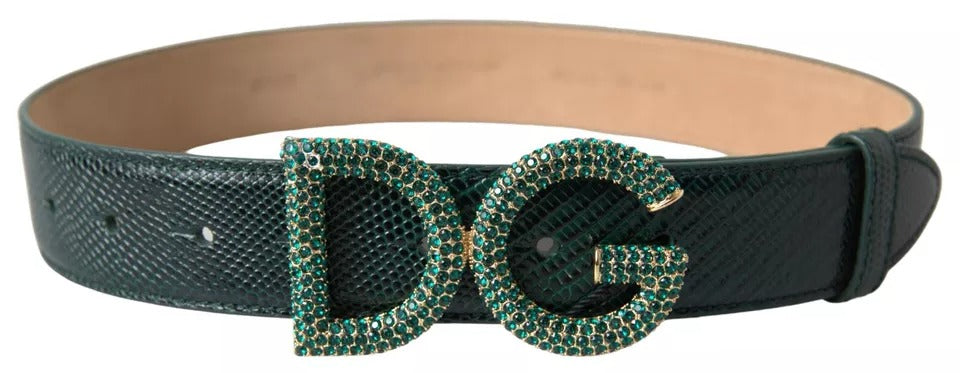 Dolce &amp; Gabbana Green Iguana Leather DG Crystal Gold Buckle Belt