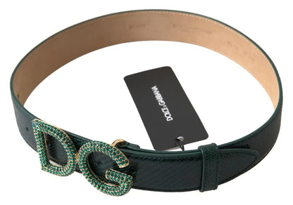 Dolce &amp; Gabbana Green Iguana Leather DG Crystal Gold Buckle Belt