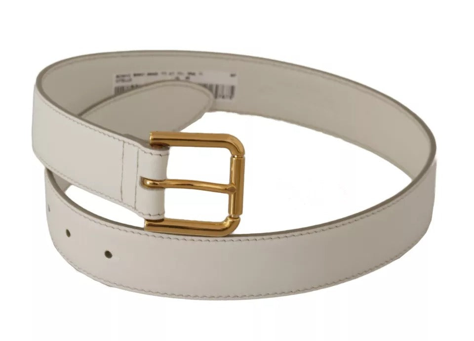 Dolce &amp; Gabbana White Leather Gold Logo Engraved Metal Buckle Belt