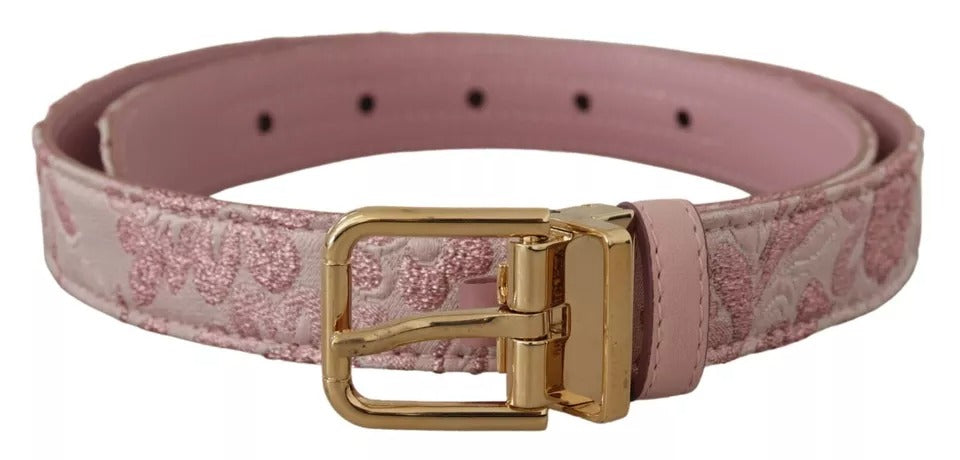 Dolce &amp; Gabbana Pink Jaquard Embroidered Gold Tone Metal Buckle Belt