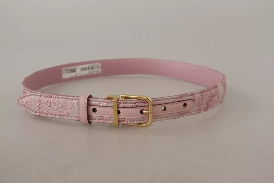 Dolce &amp; Gabbana Pink Jaquard Embroidered Gold Tone Metal Buckle Belt