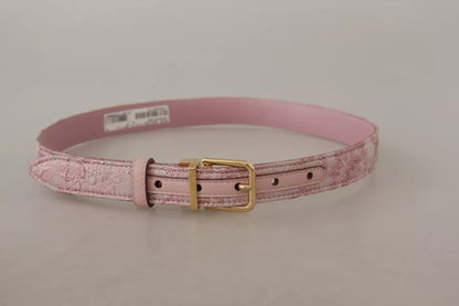 Dolce &amp; Gabbana Pink Jaquard Embroidered Gold Tone Metal Buckle Belt