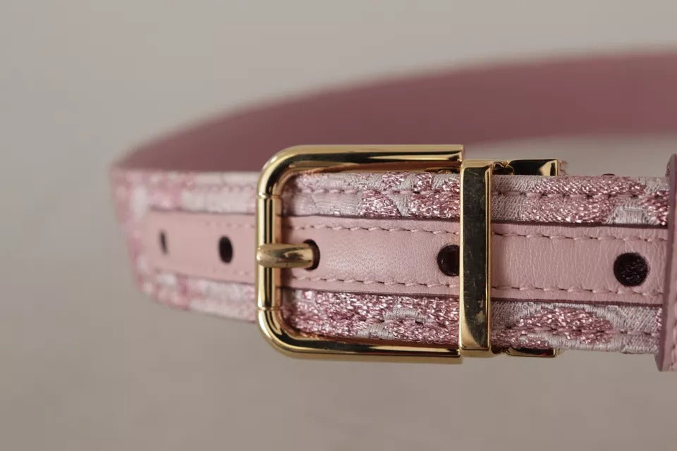 Dolce &amp; Gabbana Pink Jaquard Embroidered Gold Tone Metal Buckle Belt