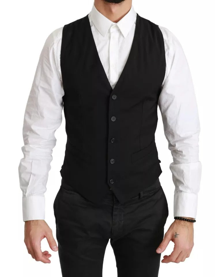 Dolce &amp; Gabbana Black Solid STAFF Slim Fit Waistcoat Vest