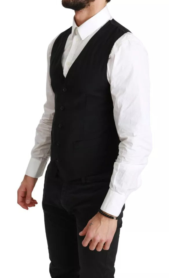 Dolce &amp; Gabbana Black Solid STAFF Slim Fit Waistcoat Vest