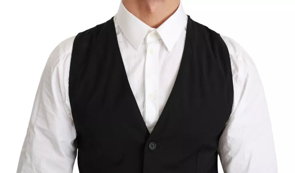 Dolce &amp; Gabbana Black Solid STAFF Slim Fit Waistcoat Vest