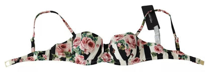 Dolce &amp; Gabbana Multicolor Striped Rose Print Swimwear Bikini Top