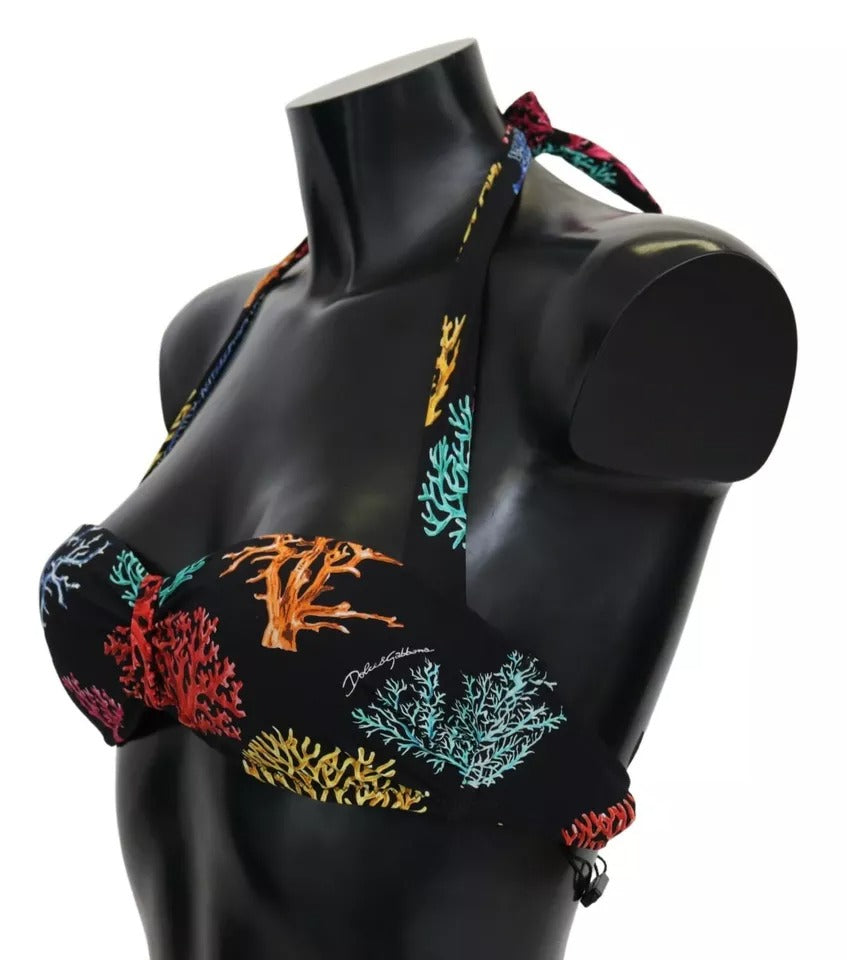 Dolce &amp; Gabbana Black Corals Print Swimsuit Beachwear Bikini Top