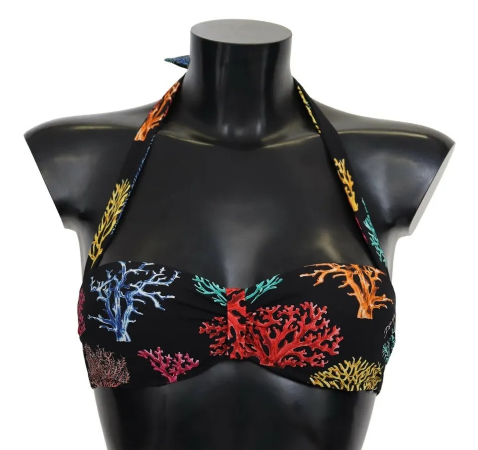 Dolce &amp; Gabbana Black Corals Print Swimsuit Beachwear Bikini Top