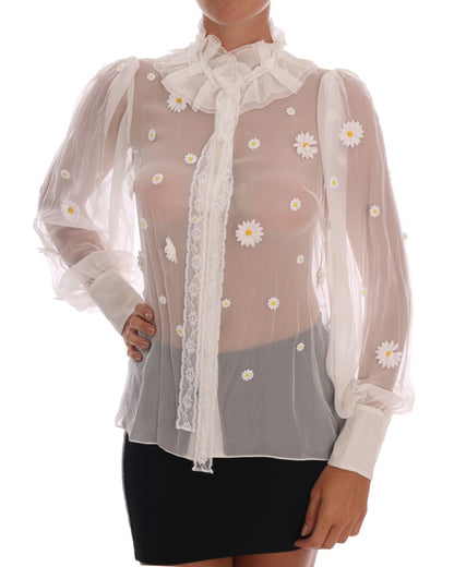 Dolce &amp; Gabbana Elegant White Silk Daisy Blouse