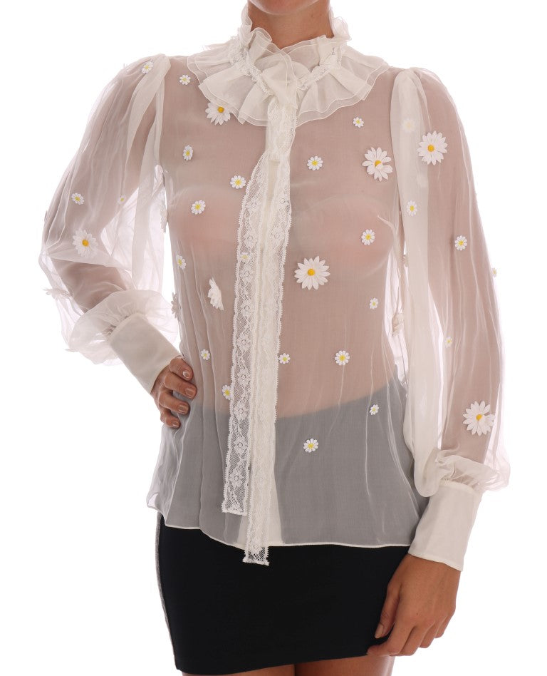 Dolce &amp; Gabbana Elegant White Silk Daisy Blouse